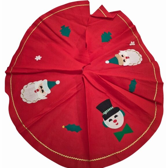 Vintage Mcm Red Christmas Tree Skirt With Santa Snowman Appliques - Picture 1 of 10